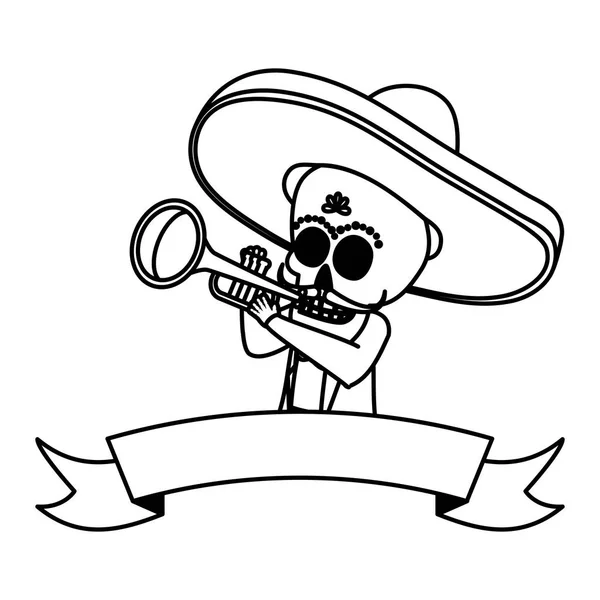 Mexikanischer Totenkopf Mariachi spielt Trompete — Stockvektor