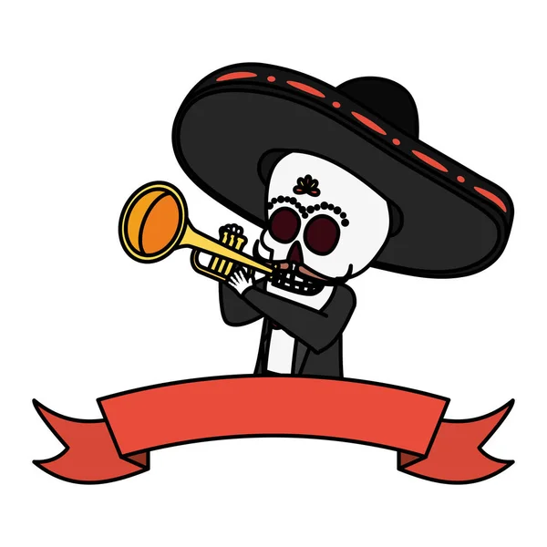 Mexican skull mariachi playing trumpet — Stock Vector