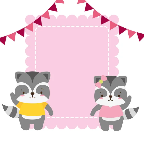 Linda pareja mapache animales tarjeta de felicitación — Vector de stock