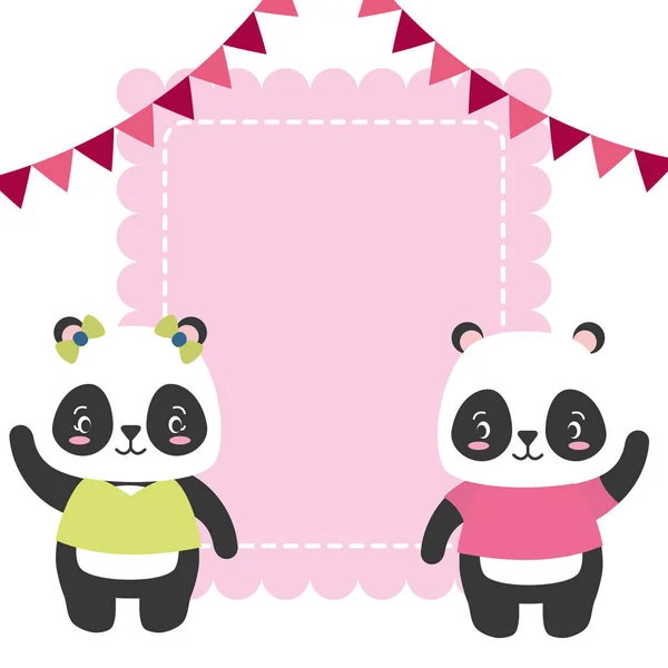 かわいいカップルパンダ動物グリーティングカード — ストックベクタ