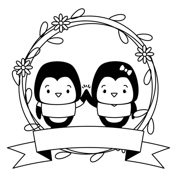 かわいいカップルペンギン動物花輪 — ストックベクタ