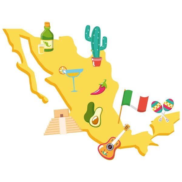 Mexikó Térkép meghatározott kulturális ikonokkal — Stock Vector