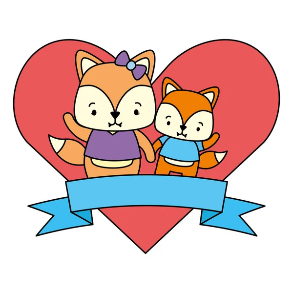 cute couple fox animals heart love ribbon