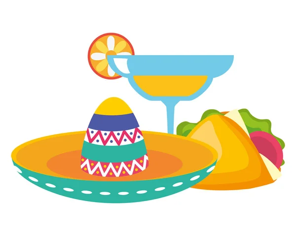 Mexican hat with cocktail and taco — Stock Vector