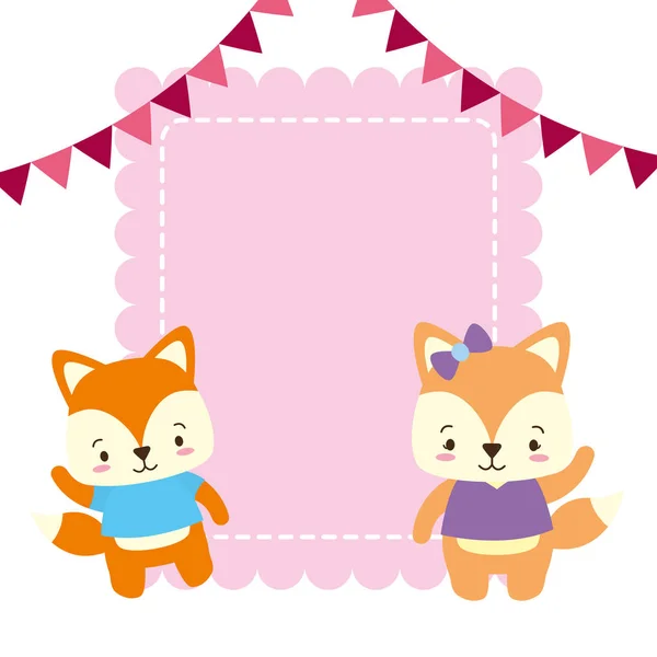 Cute couple fox animals greeting card — Stock Vector