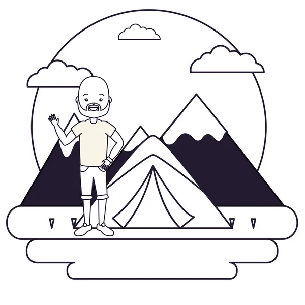 Adam kamp çadır tatil mountians — Stok Vektör