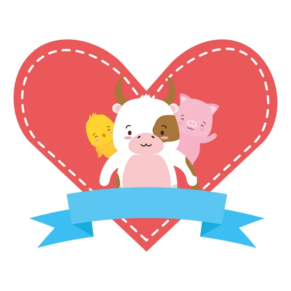 Милый бык цыпленок и свиньи животные сердце любовь лента — стоковый вектор