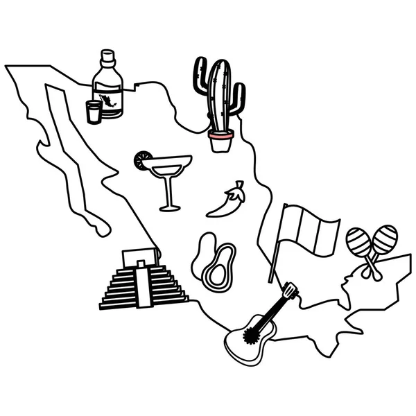 Mapa de México con iconos culturales establecidos — Archivo Imágenes Vectoriales