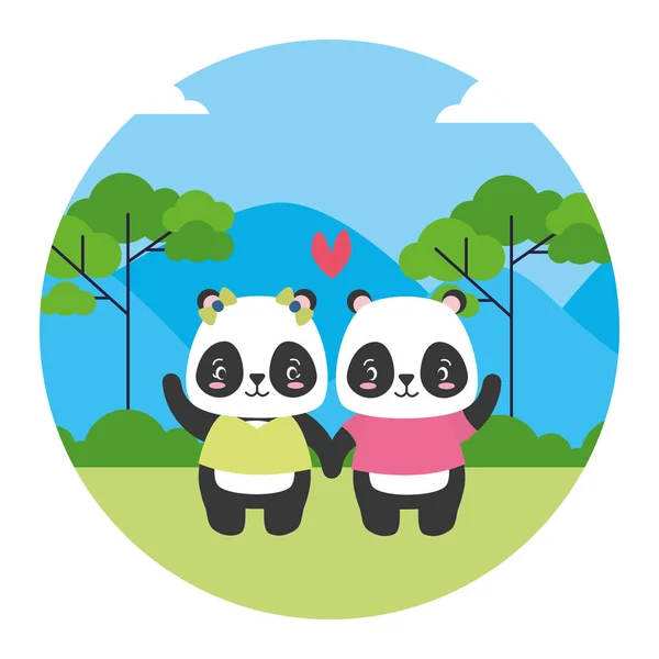 Mignon couple panda animal paysage naturel — Image vectorielle