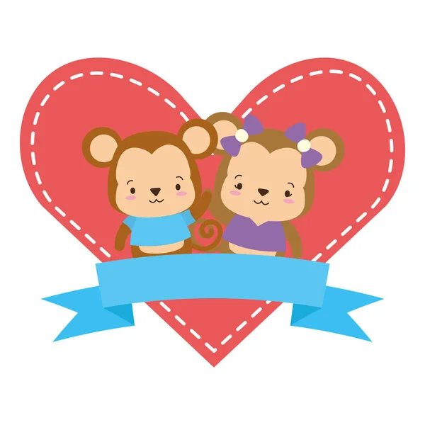 Mignon couple singe animaux coeur amour ruban — Image vectorielle