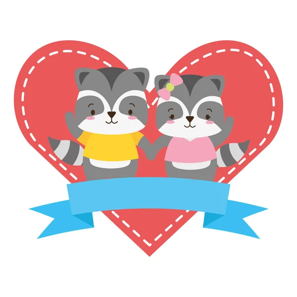 cute couple raccoon animals heart love ribbon