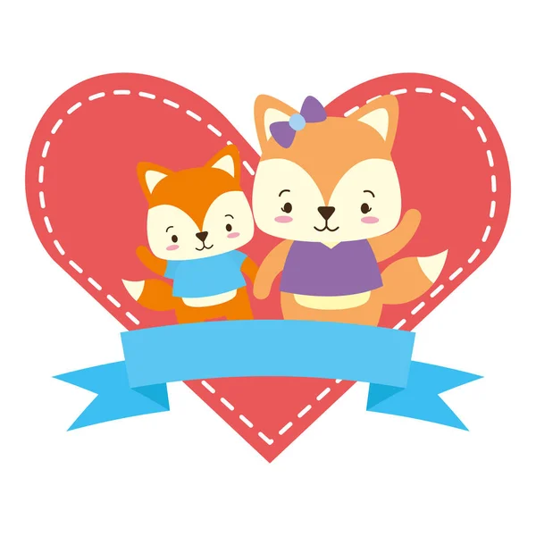 Cute couple fox animals heart love ribbon — Stock Vector