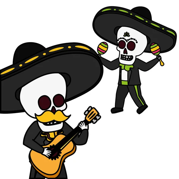 Esqueletos músico con guitarra maracas viva mexico — Vector de stock