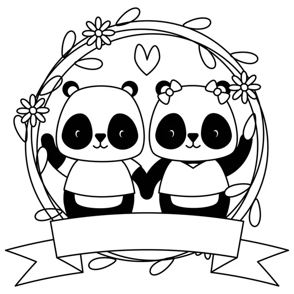 Cute couple panda animals wreath flowers — Stock Vector
