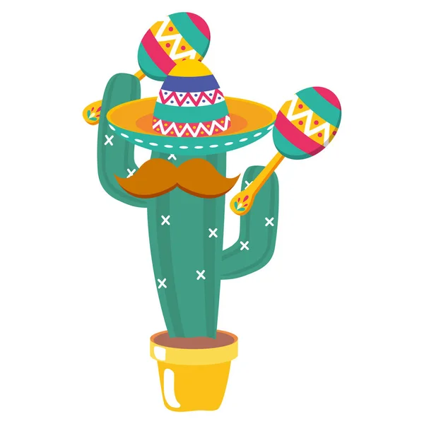 Kaktusové zařízení s mexickým kloboukem a knírem hrající maracas — Stockový vektor