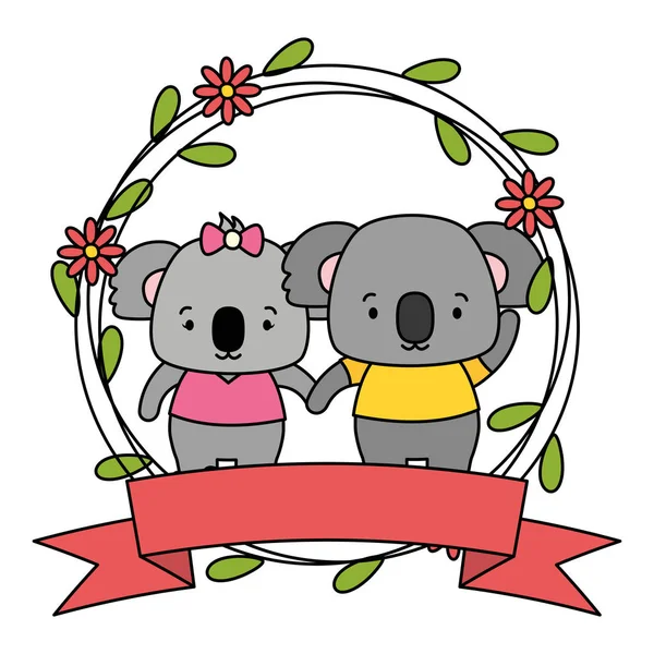 Niedliches Paar Koalas Tiere Kranz Blumen — Stockvektor