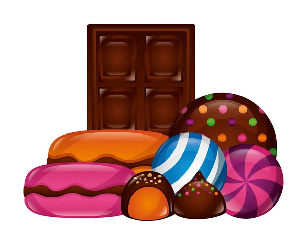 Chocolate bar macarons bonbons round candies — Stock Vector