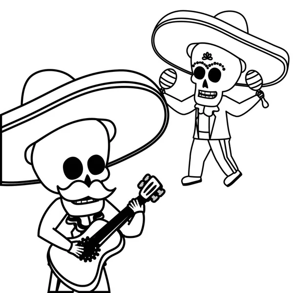 Squelettes musicien avec guitare maracas viva mexico — Image vectorielle