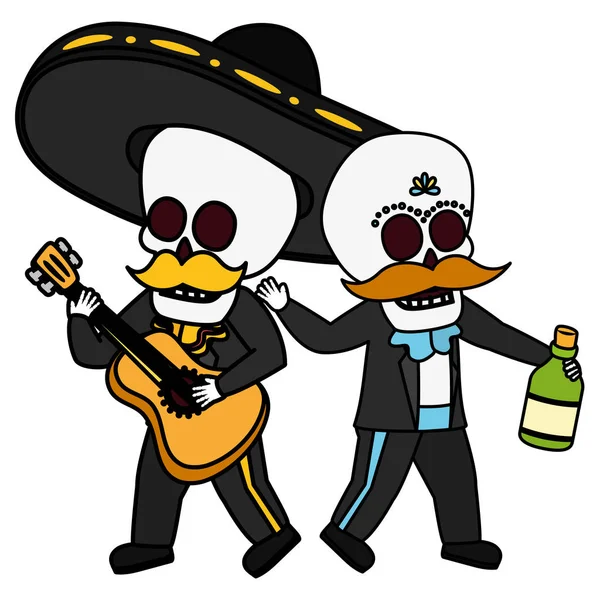 ギターとテキーラビバメキシコとスケルトンミュージシャン — ストックベクタ