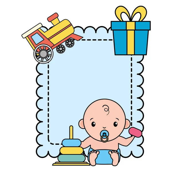 Cute little baby boy in gift box and pile rings — Stock Vector