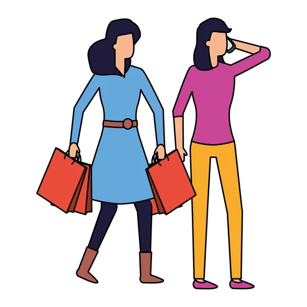 Mujer usando smartphone y mujer con bolsas de compras — Vector de stock