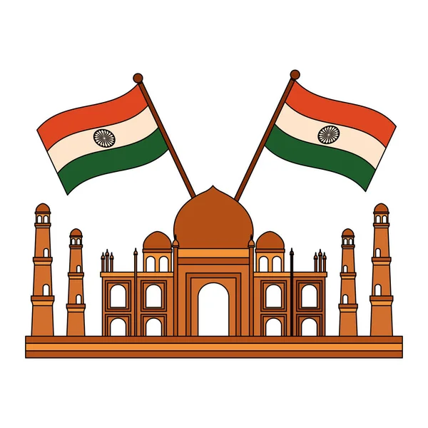 塔吉马哈尔印度清真寺与旗帜交叉 — 图库矢量图片