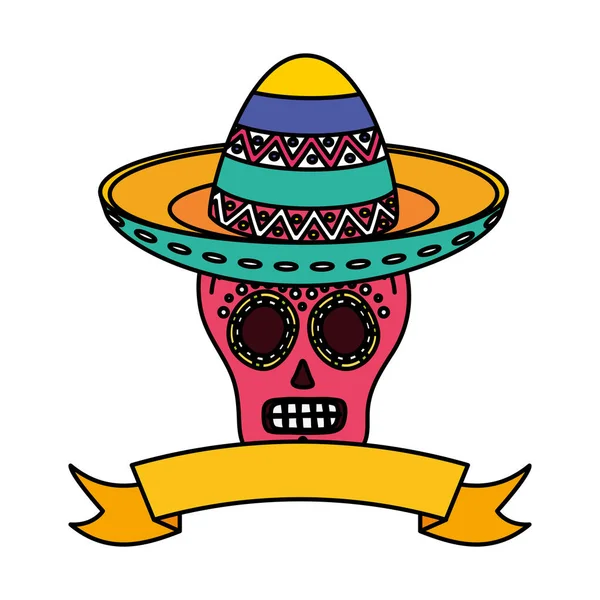День умершего празднования маска черепа в мексиканской шляпе — стоковый вектор