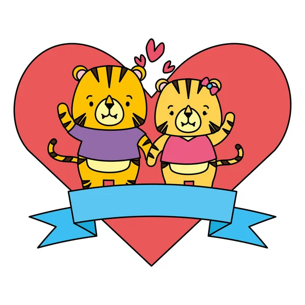 Mignon couple tigre animaux coeur amour ruban — Image vectorielle