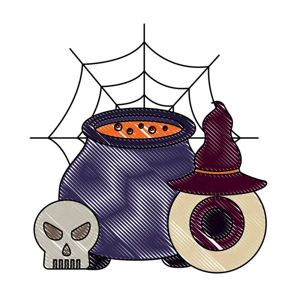 Halloween cauldron eye hat and skuul cobweb — Stock Vector