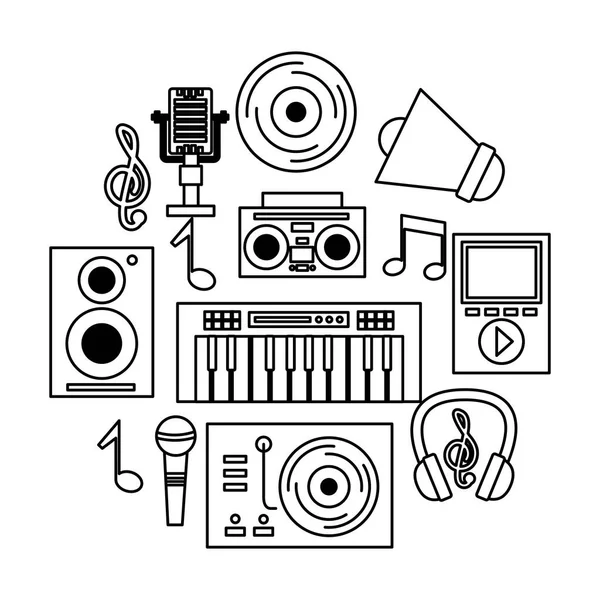 Draaitafel vinyl synthesizer microfoon MP3 hoofdtelefoon muziekfestival — Stockvector