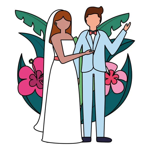Ο γαμπρός και η νύφη λουλούδια φύλλα γάμου — Διανυσματικό Αρχείο