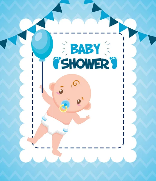 Cute boy with balloon baby shower card — Stock Vector