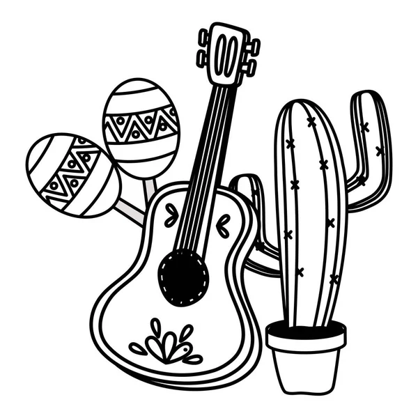 Cactus plant with guitar and maracas — Stock Vector
