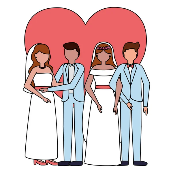 Novias y novios de boda de parejas — Vector de stock