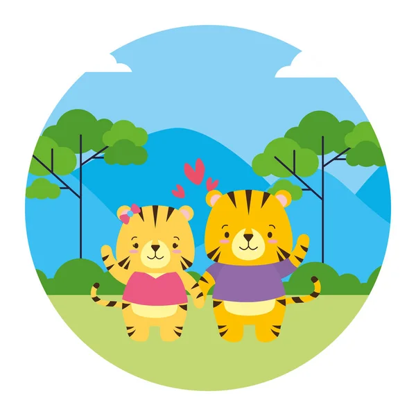 かわいいカップル虎動物風景自然 — ストックベクタ