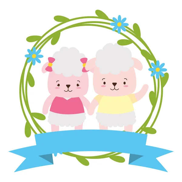 Sevimli çift koyun hayvanlar çelenk çiçekler — Stok Vektör