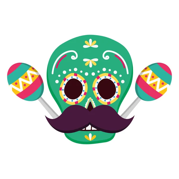Totenmaske mit Schnurrbart und Maracas — Stockvektor