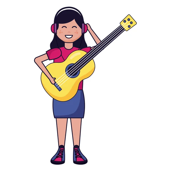 Mujer con auriculares y guitarra — Vector de stock