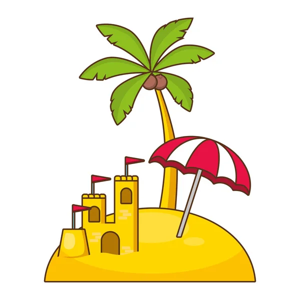 Férias praia guarda-chuva castelo e palma —  Vetores de Stock