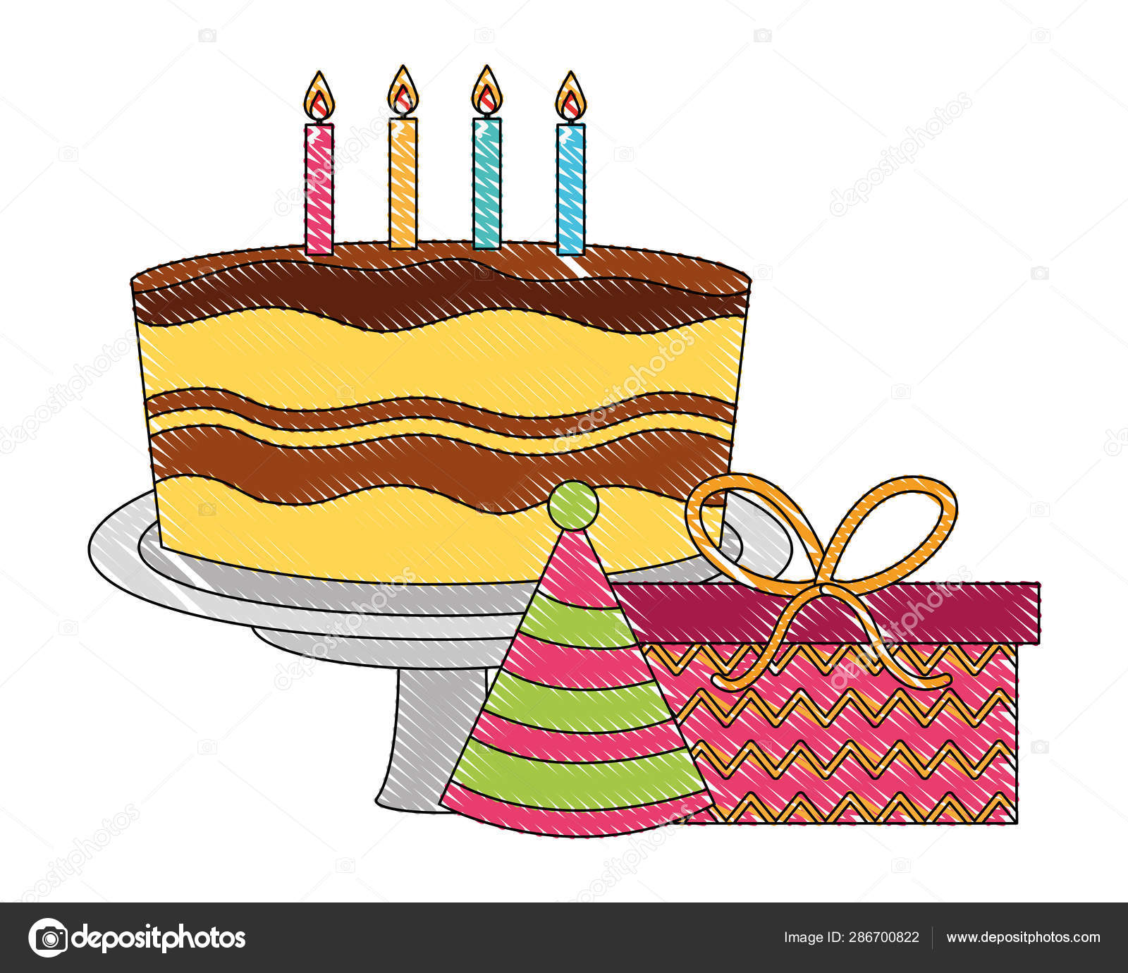 Birthday Cake With Candles And Gift Party Hat Celebration Drawing Color Vector Image By C Yupiramos Vector Stock