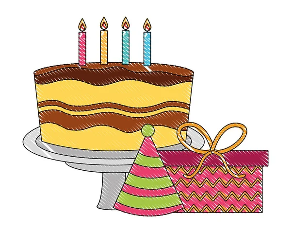 Bolo de aniversário com velas e presente festa chapéu celebração desenho cor — Vetor de Stock