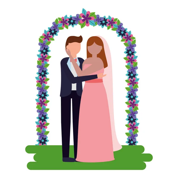 신부와 신랑 아치 꽃 장식 결혼식 — 스톡 벡터
