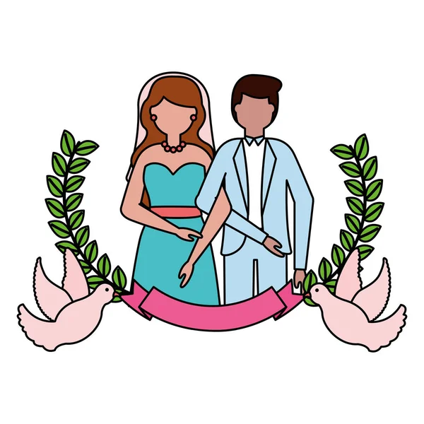 Sposa e sposo amore cuori colombe nastro matrimonio — Vettoriale Stock