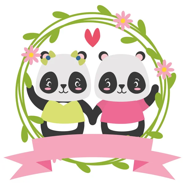 Mignon couple panda animaux couronne fleurs — Image vectorielle