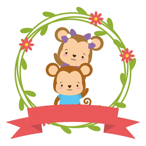 Schattig paar Monkey dieren krans bloemen — Stockvector