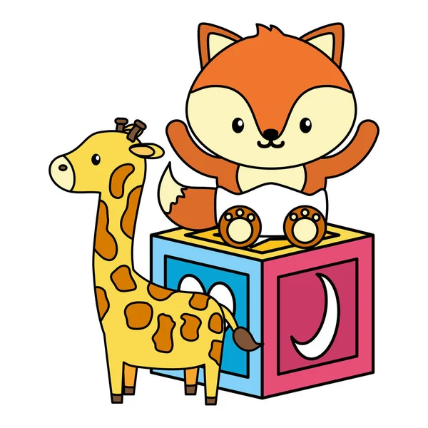 Malá roztomilá liška s žirafou a blokem — Stockový vektor