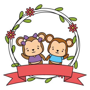 sevimli çift maymun hayvanlar çelenk çiçekler