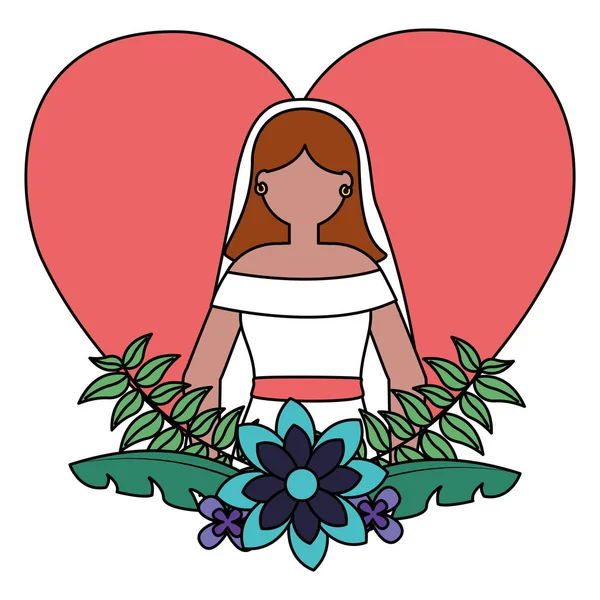 Brud i klänning blommor kärlek hjärta — Stock vektor