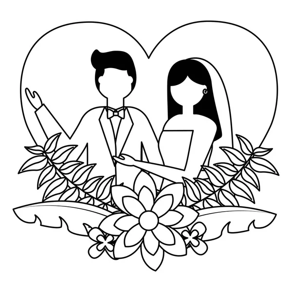 Mariée et marié coeur amour fleurs mariage — Image vectorielle