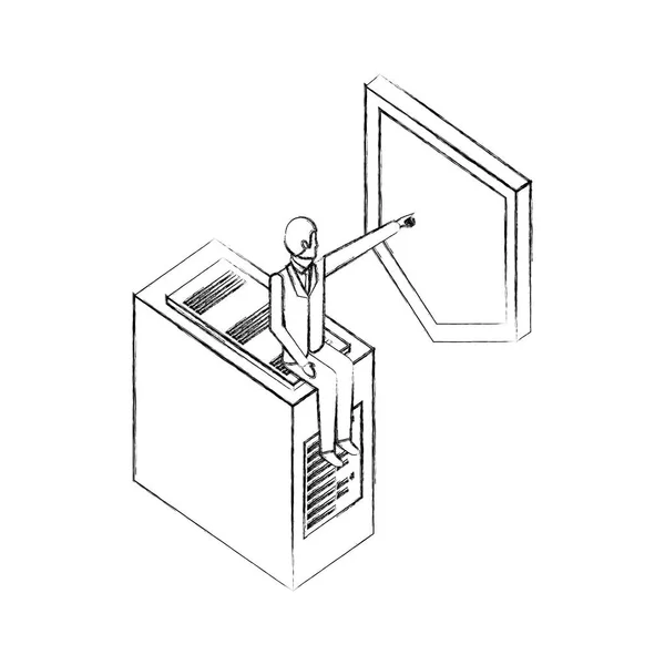 Biznesmen siedzący w danych serwerowych i Tarcza izometryczna — Wektor stockowy